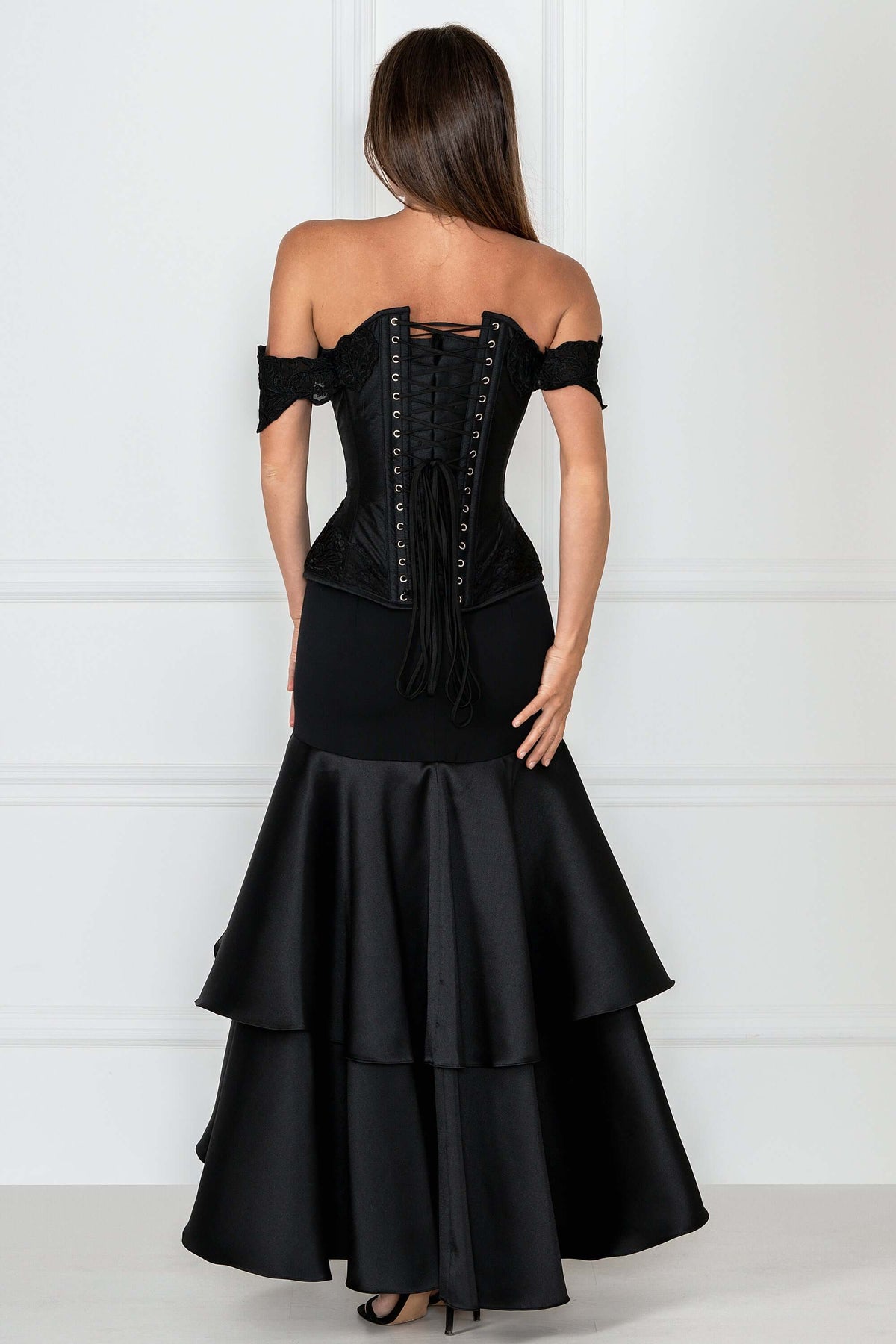 Black Longline Corset Top With Lace Cap Sleeve