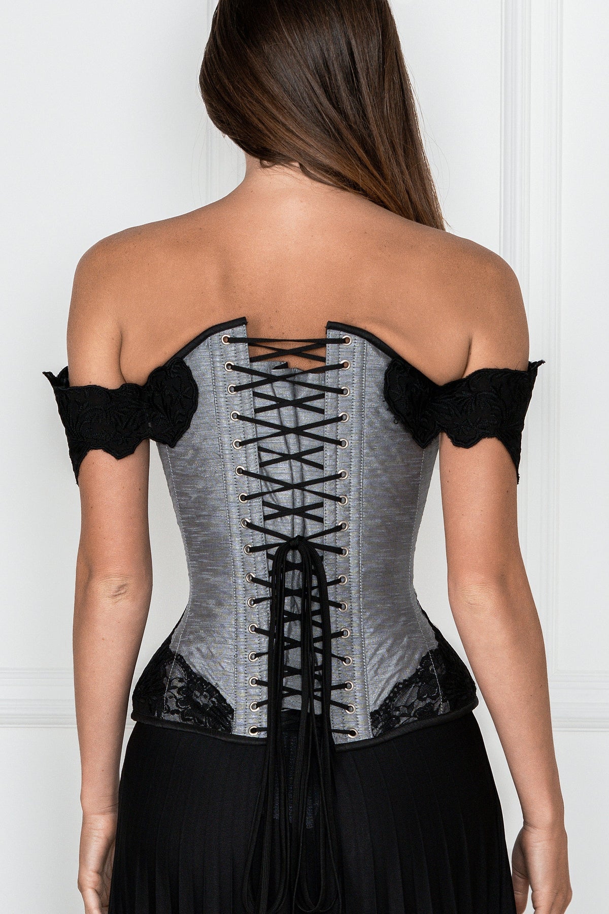 Grey Longline Corset Top With Lace Cap Sleeve