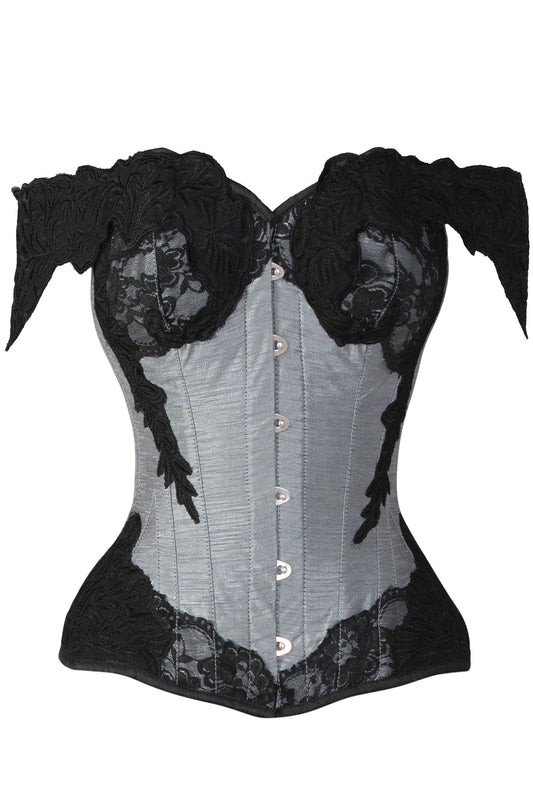 Grey Longline Corset Top With Lace Cap Sleeve