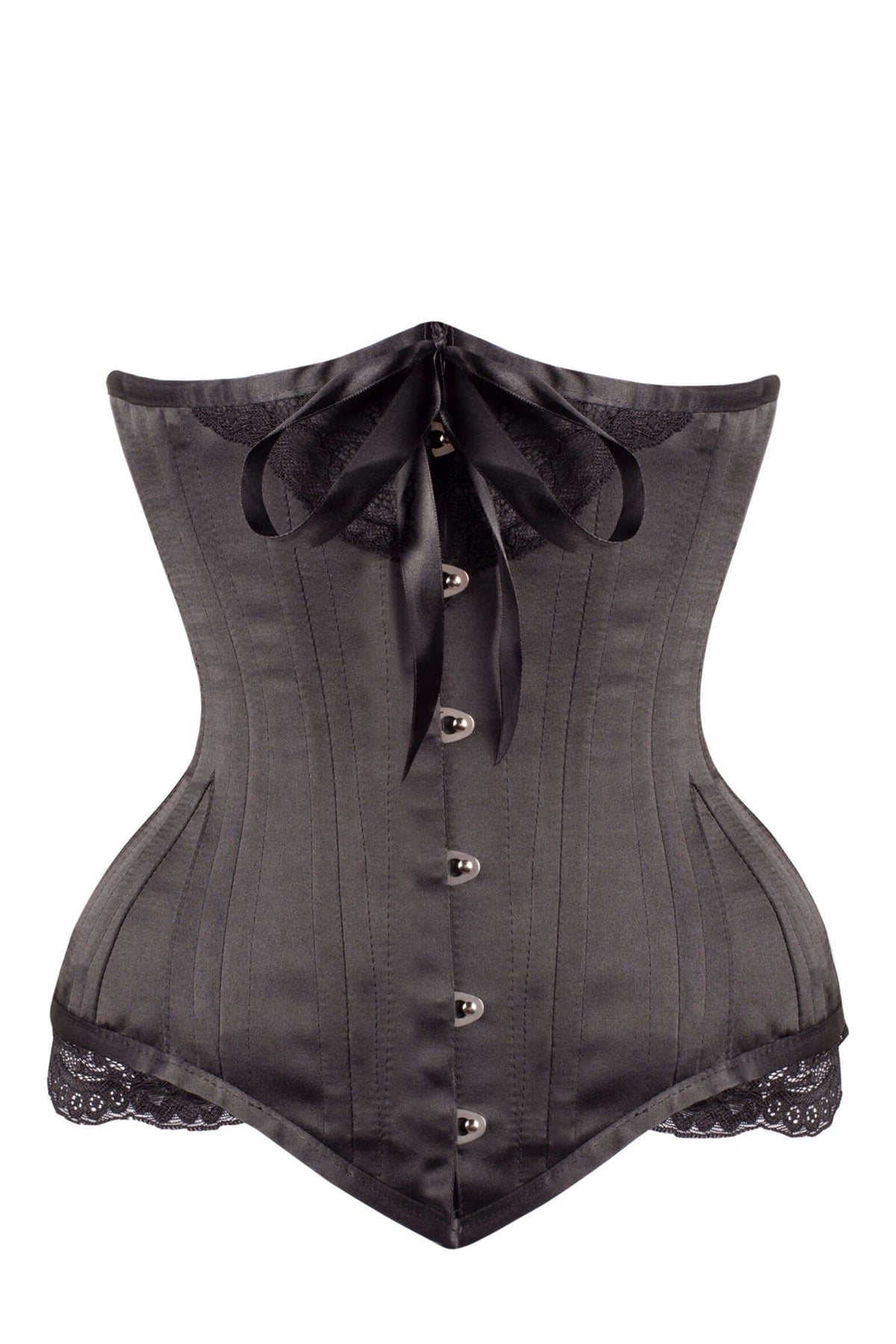 Black Satin Longline Underbust With Lace And Ribbon Bow