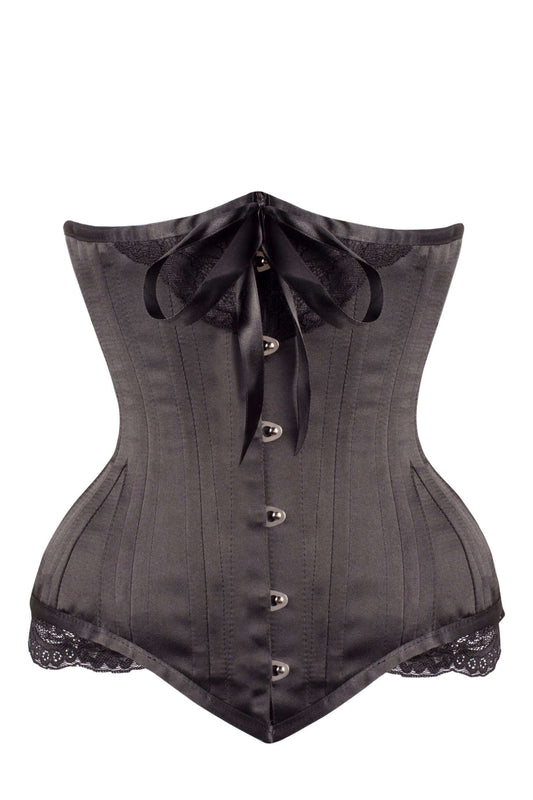 Black Satin Longline Underbust With Lace And Ribbon Bow