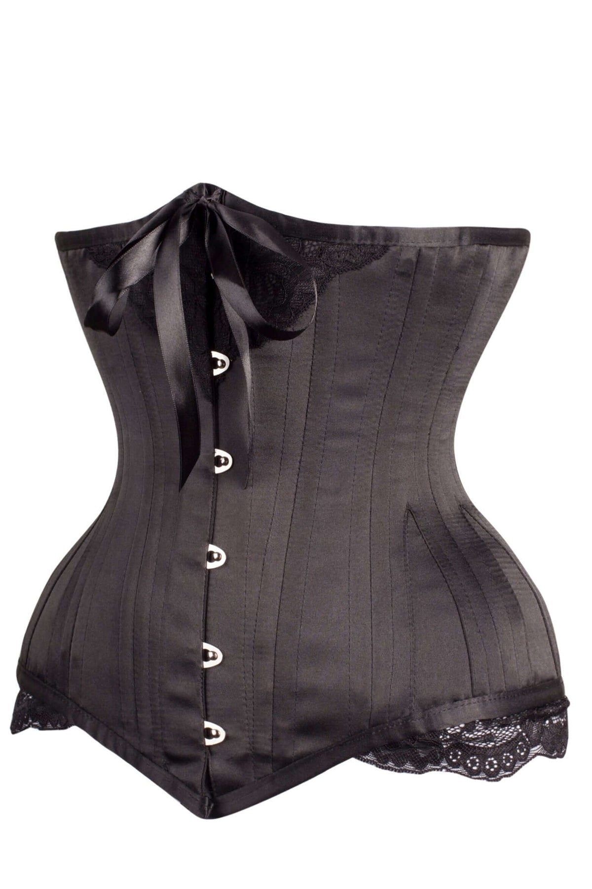 Black Satin Longline Underbust With Lace And Ribbon Bow