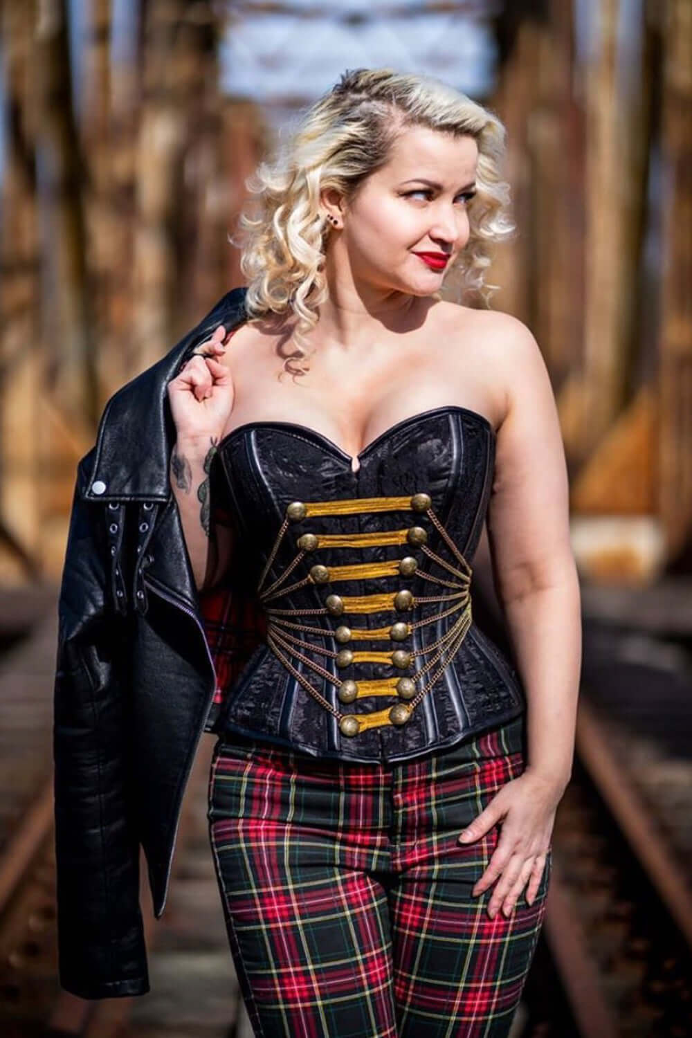 Black Satin Military Corset With Chain And PVC Detail