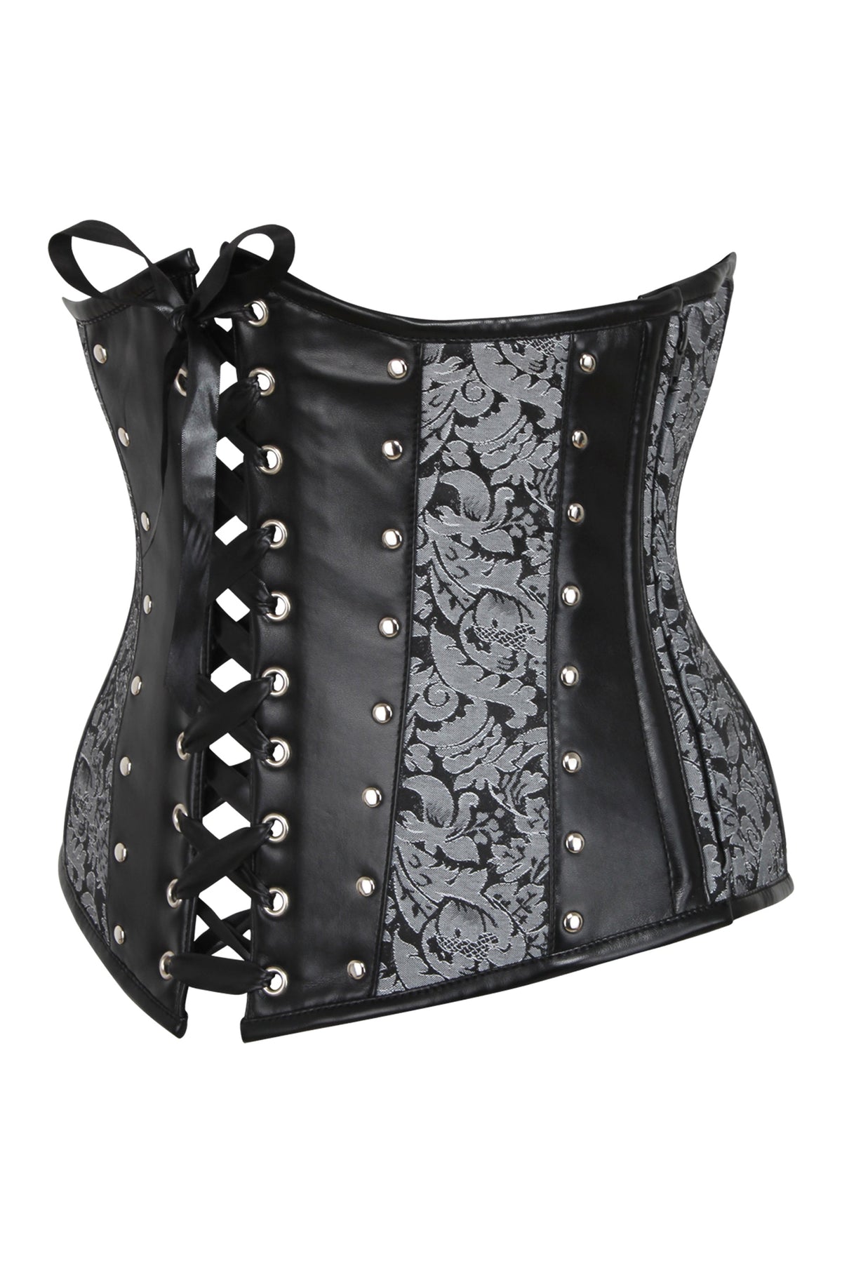 Silver Brocade & PVC Underbust Corset With Front & Rear Closure