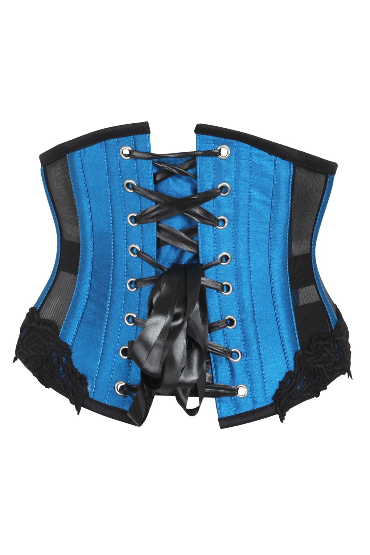 Blue Underbust Corset With Black Mesh Panels
