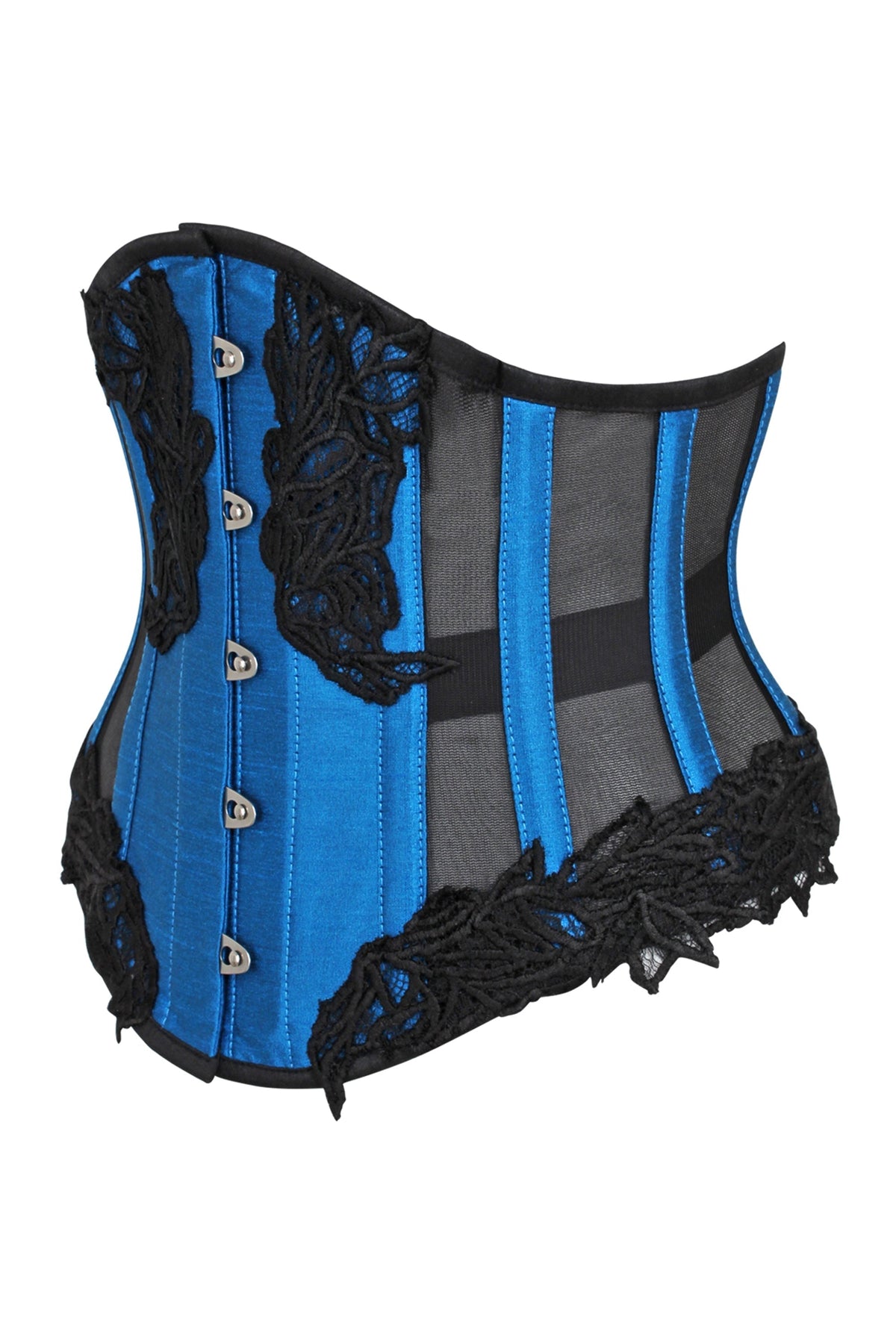 Blue Underbust Corset With Black Mesh Panels