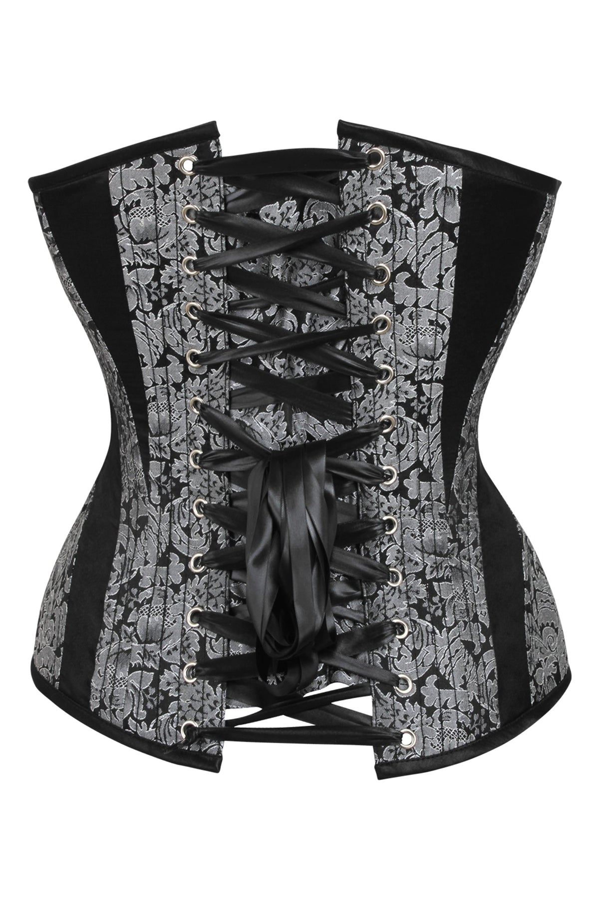 Silver And Black Brocade Overbust Corset With Side Zip