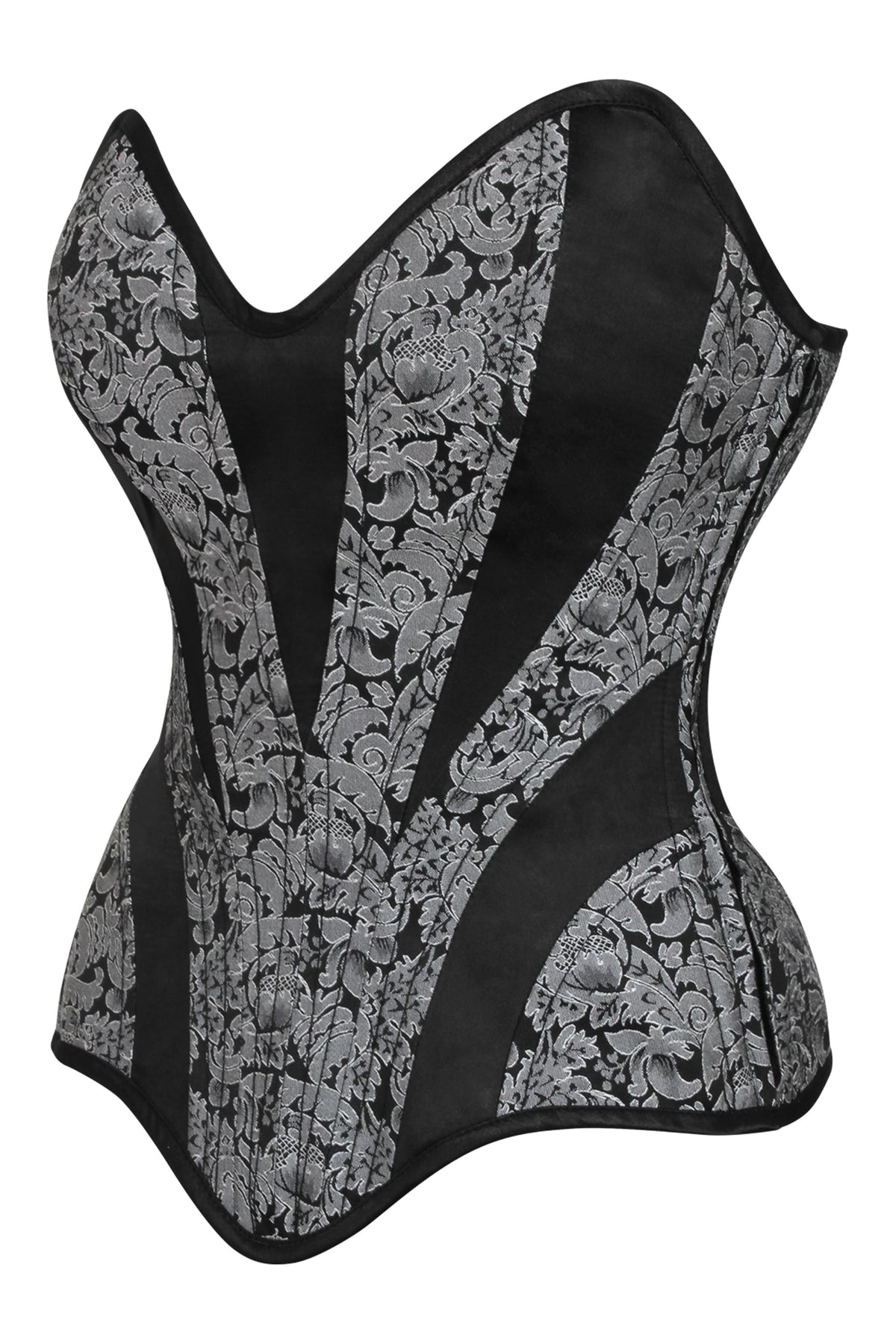 Silver And Black Brocade Overbust Corset With Side Zip