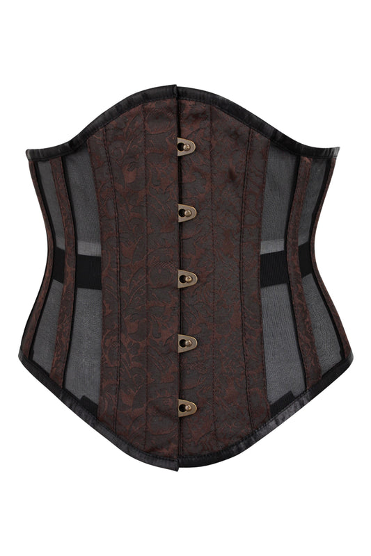 Brown Brocade Underbust Corset With Mesh Panels