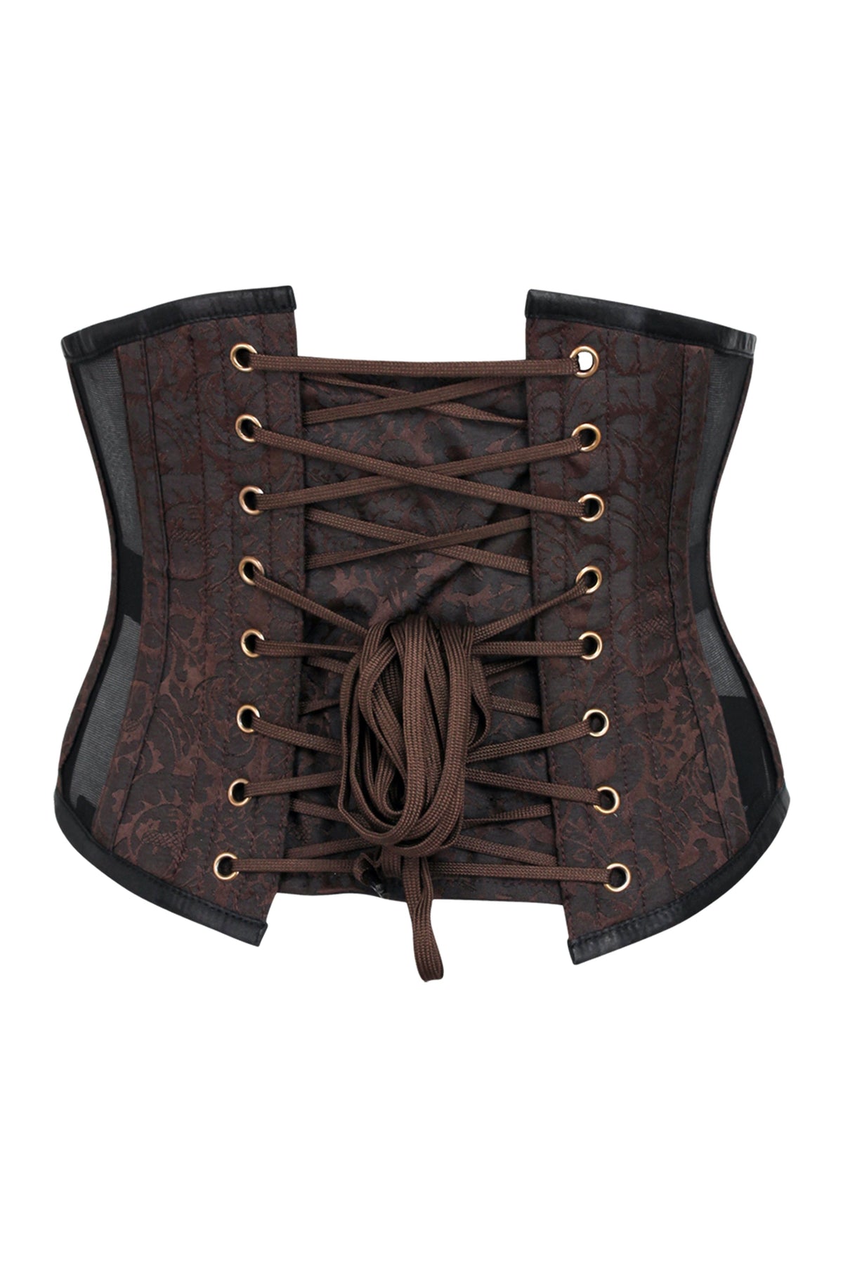 Brown Brocade Underbust Corset With Mesh Panels