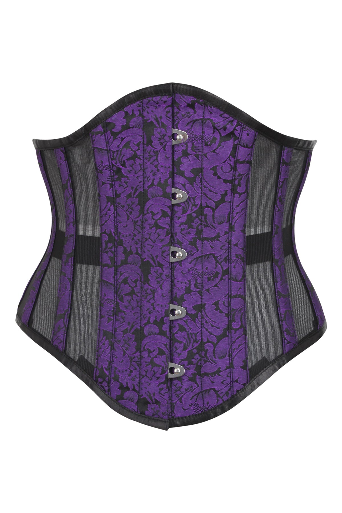 Purple Brocade Underbust Corset With Mesh Panels