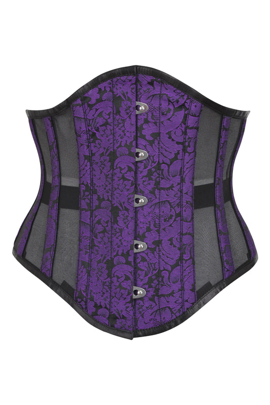 Purple Brocade Underbust Corset With Mesh Panels