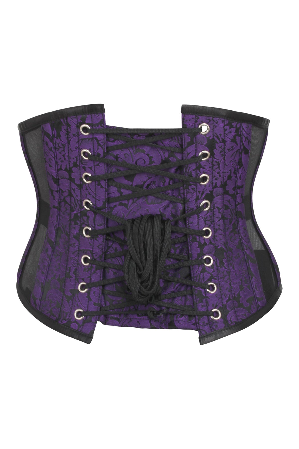Purple Brocade Underbust Corset With Mesh Panels