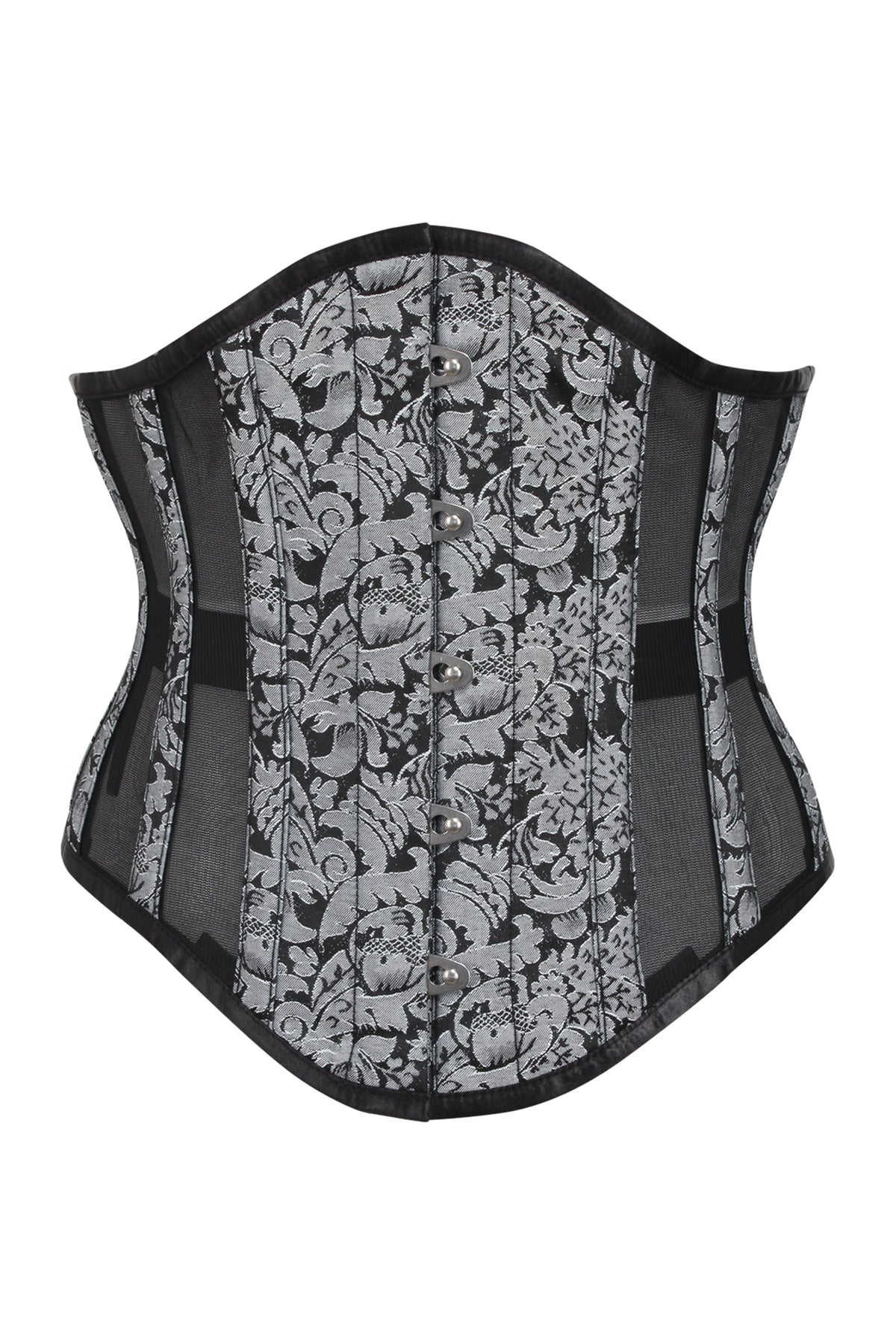 Silver Brocade Underbust Corset With Mesh Panels