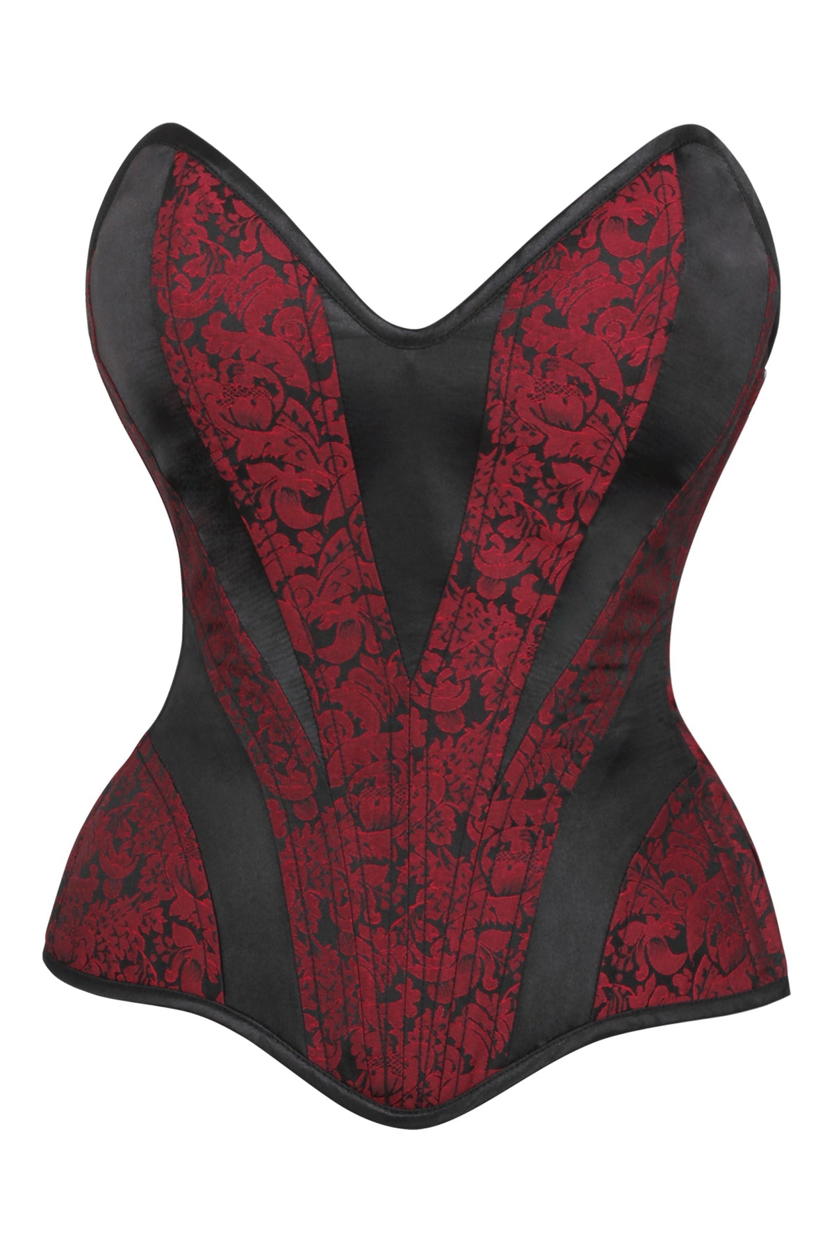 Red And Black Brocade Overbust Corset With Side Zip