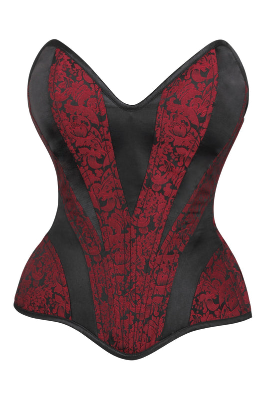 Red And Black Brocade Overbust Corset With Side Zip