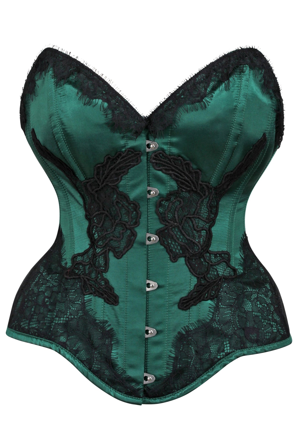 Green Satin Overbust Corset With Black Detailing