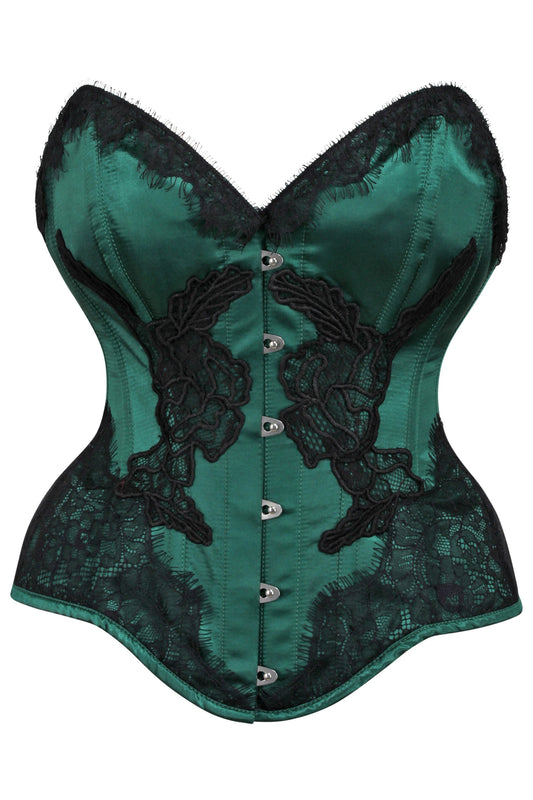 Green Satin Overbust Corset With Black Detailing