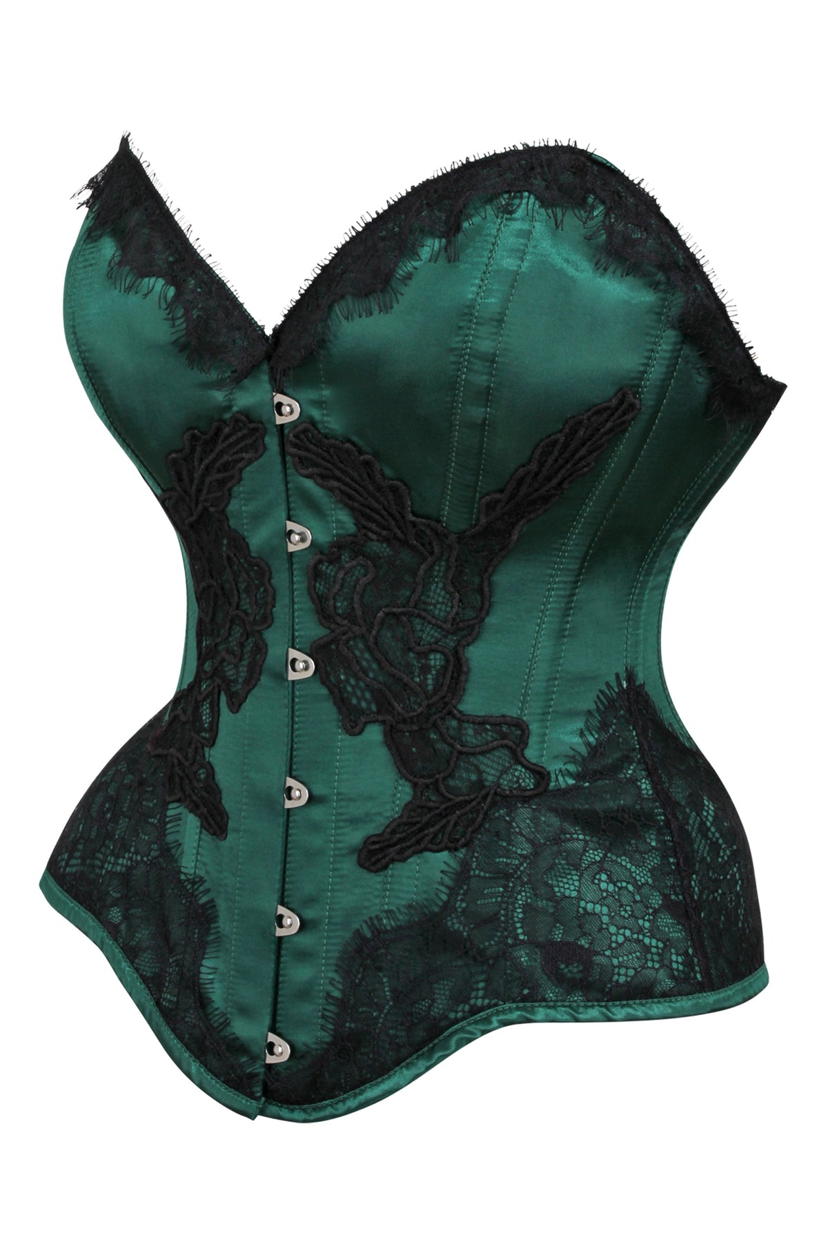 Green Satin Overbust Corset With Black Detailing