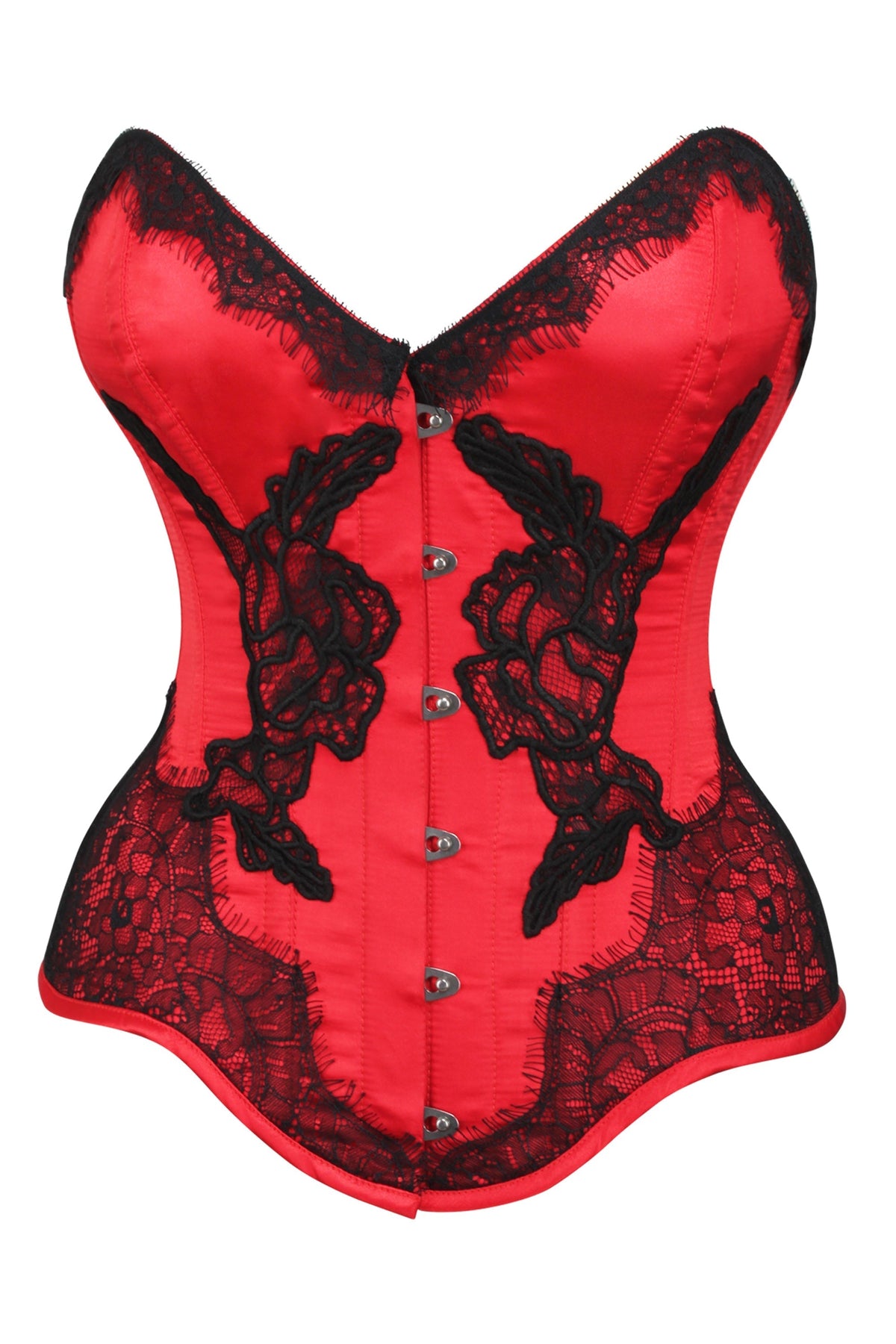 Red Satin Overbust Corset With Black Detailing