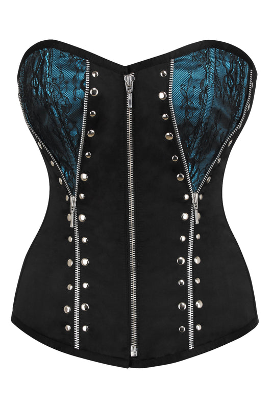 Turquoise And Black Overbust Corset With Zips