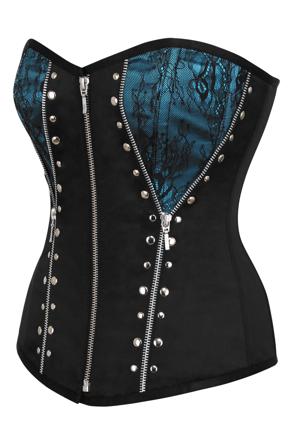 Turquoise And Black Overbust Corset With Zips