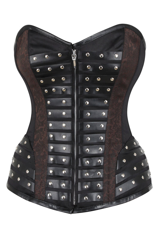 Black Studded Overbust With Brown Brocade Panels