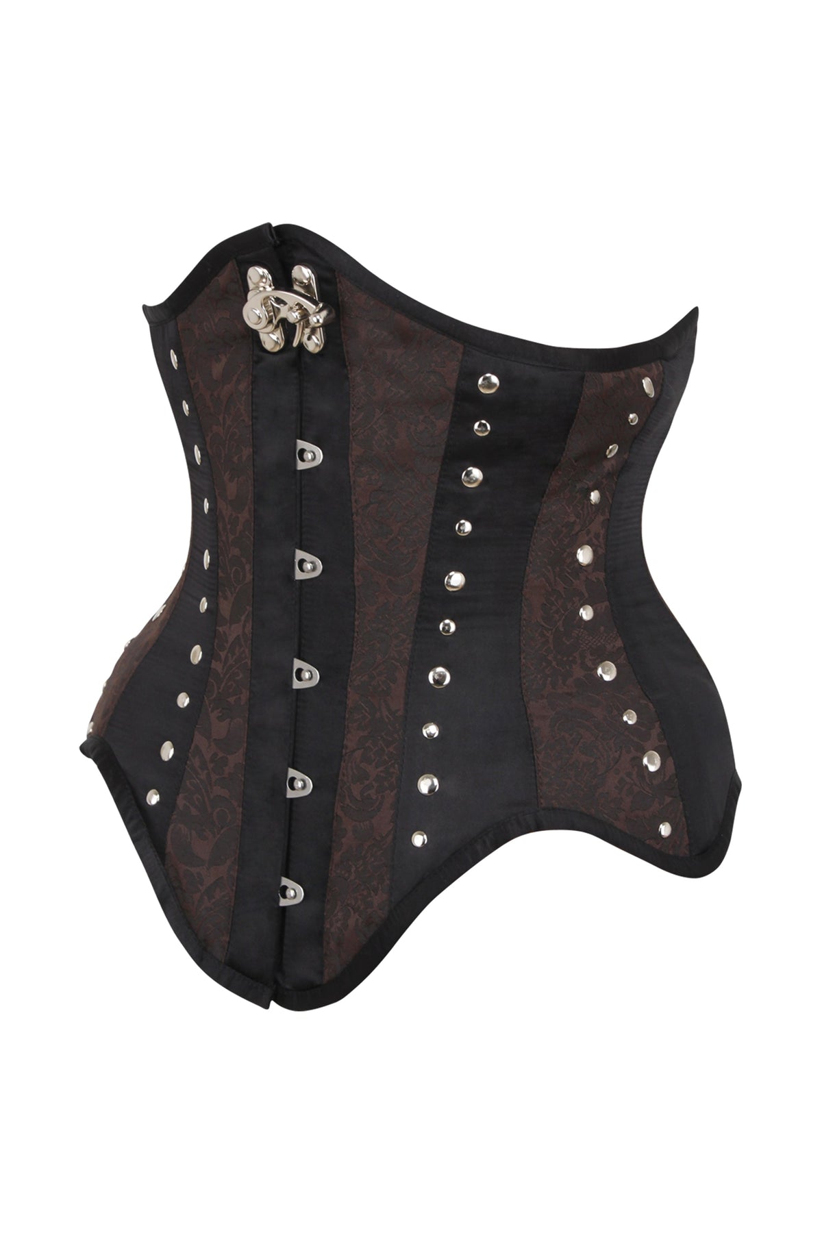 Brown And Black Underbust Steampunk Corset With Steel Busk And Swing Hook