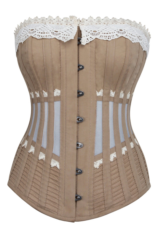 Historically Inspired Beige Longline Corset With Lace And Ribbing