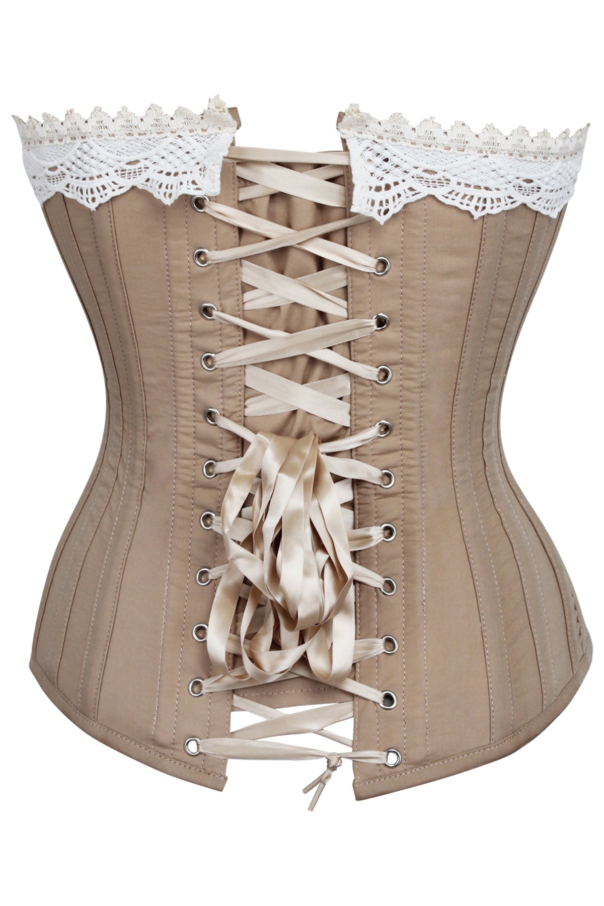 Historically Inspired Beige Longline Corset With Lace And Ribbing