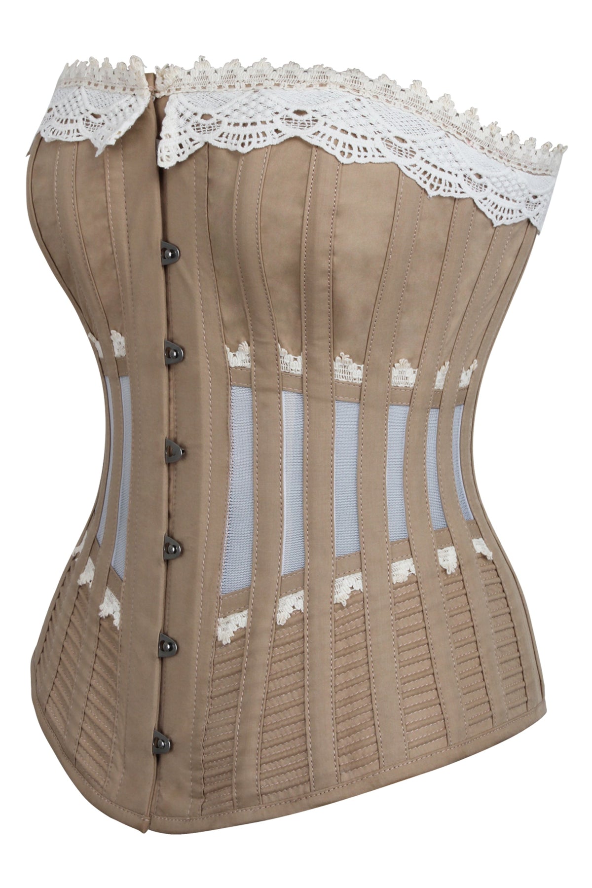 Historically Inspired Beige Longline Corset With Lace And Ribbing
