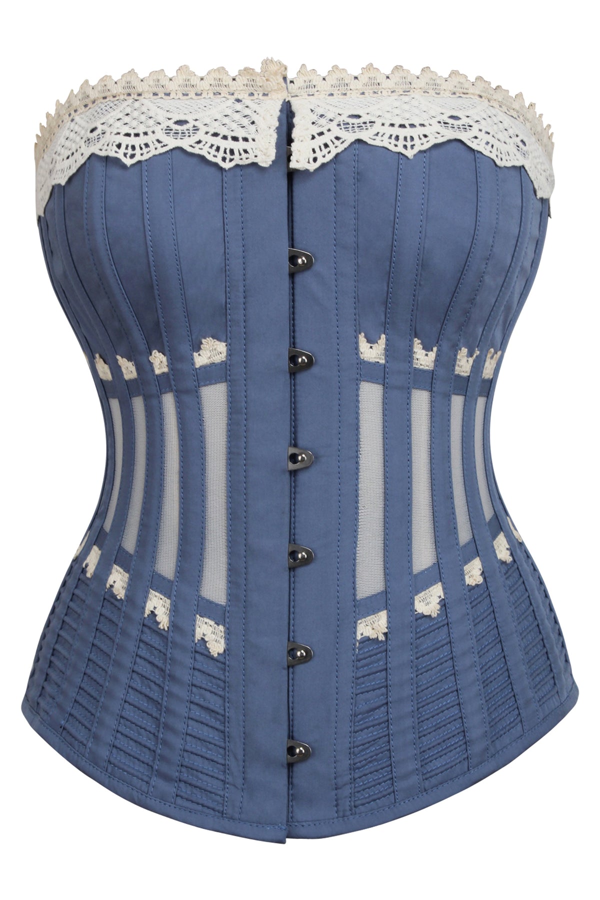 Historically Inspired Blue Longline Corset With Lace And Ribbing