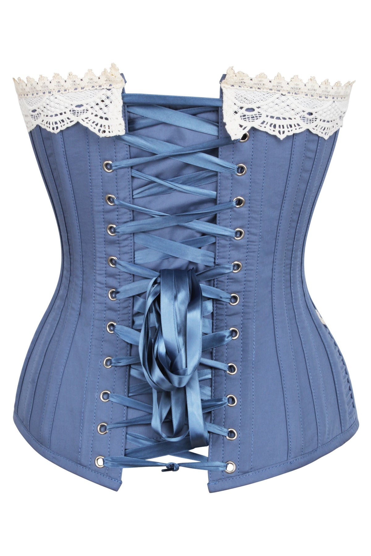 Historically Inspired Blue Longline Corset With Lace And Ribbing