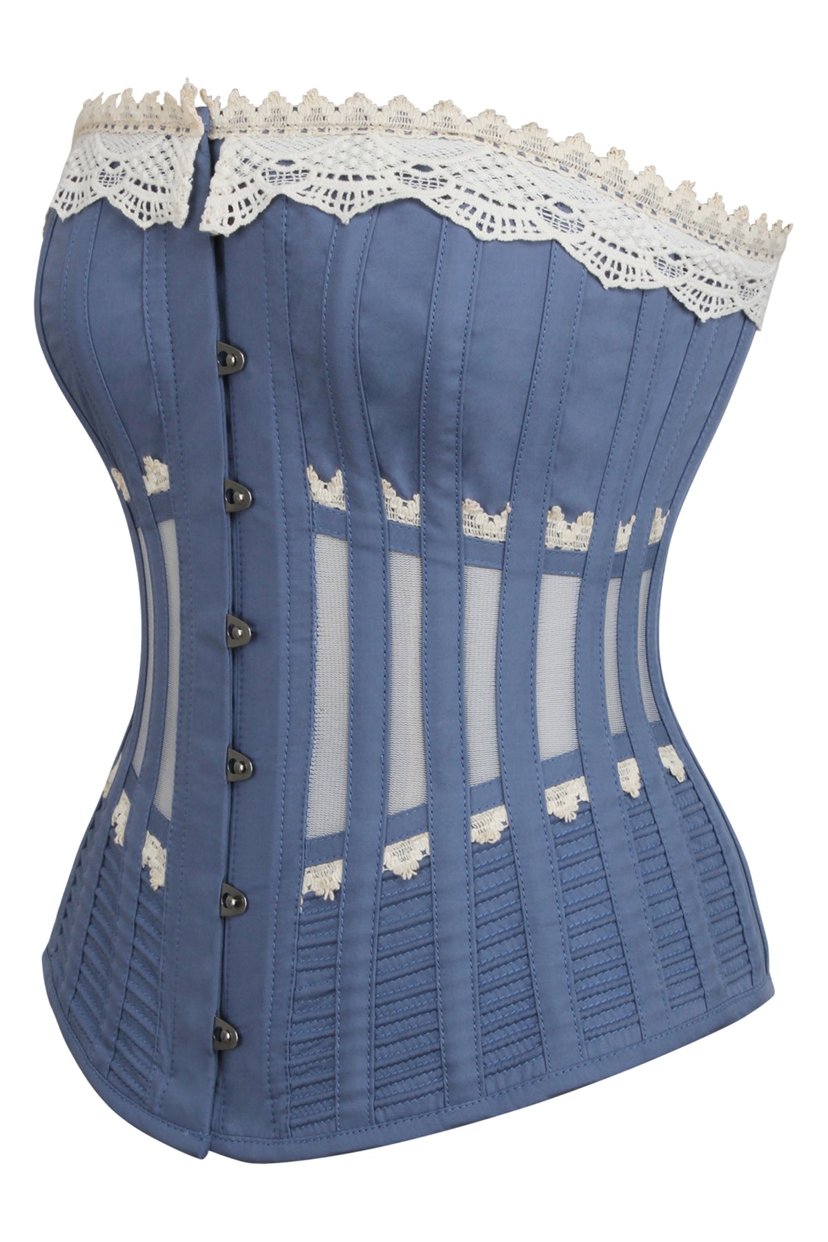 Historically Inspired Blue Longline Corset With Lace And Ribbing
