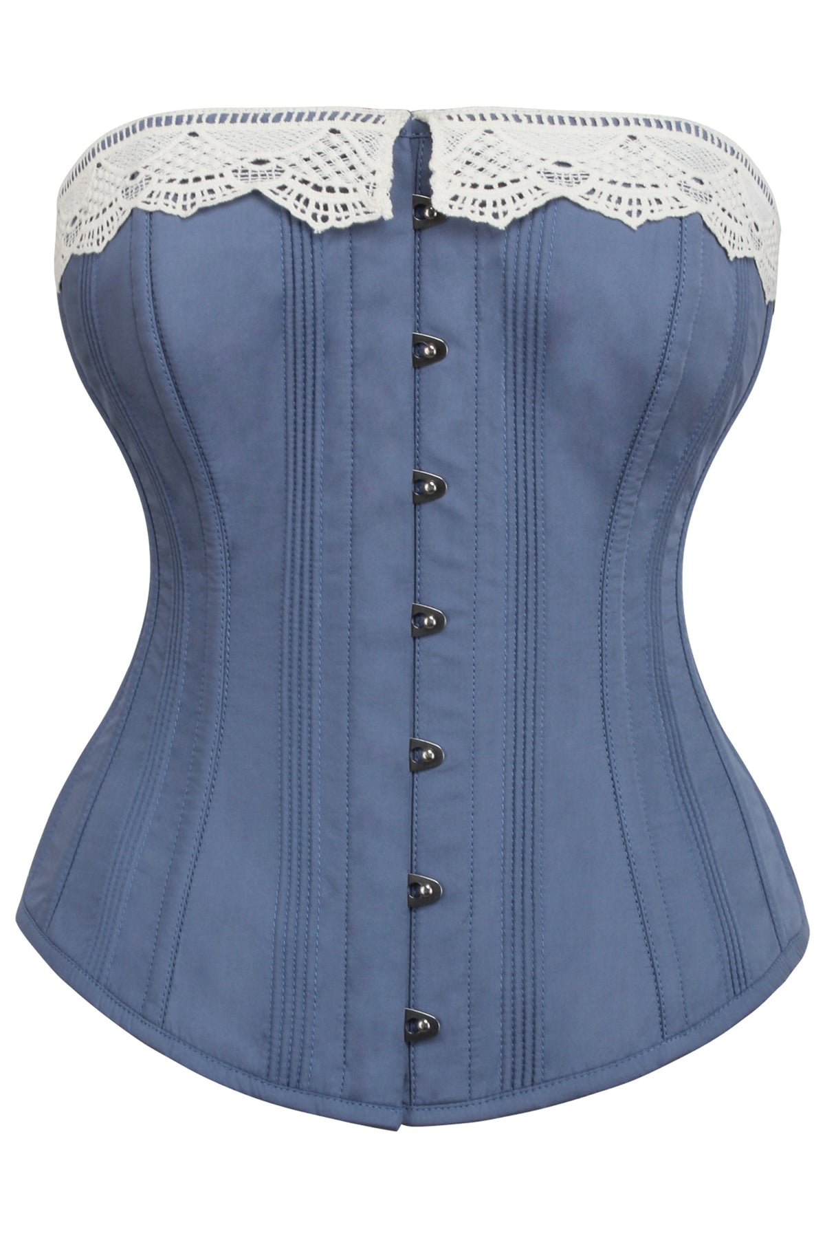 Historically Inspired Blue Longline Corset With Lace Trim