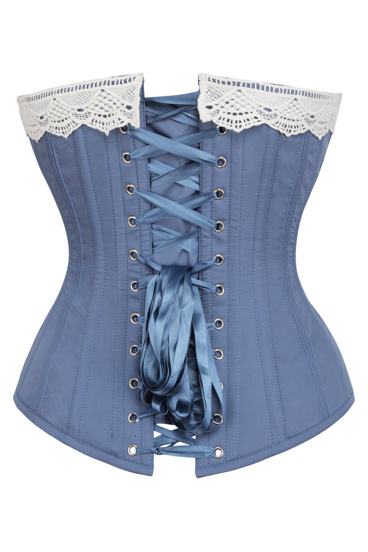 Historically Inspired Blue Longline Corset With Lace Trim