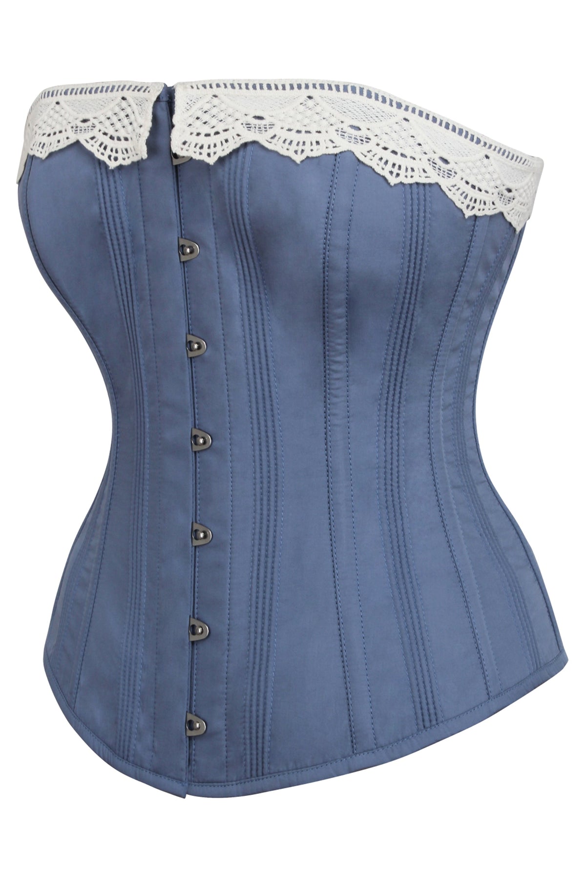 Historically Inspired Blue Longline Corset With Lace Trim