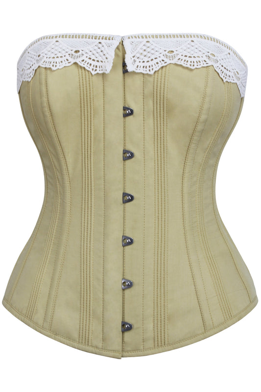 Historically Inspired Taupe Green Longline Corset With Lace Trim