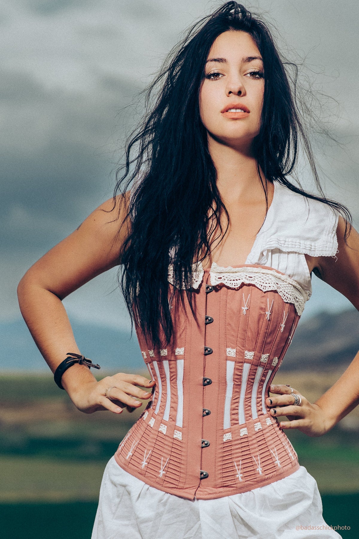 Historically Inspired Terracotta Longline Corset With Lace And Ribbing