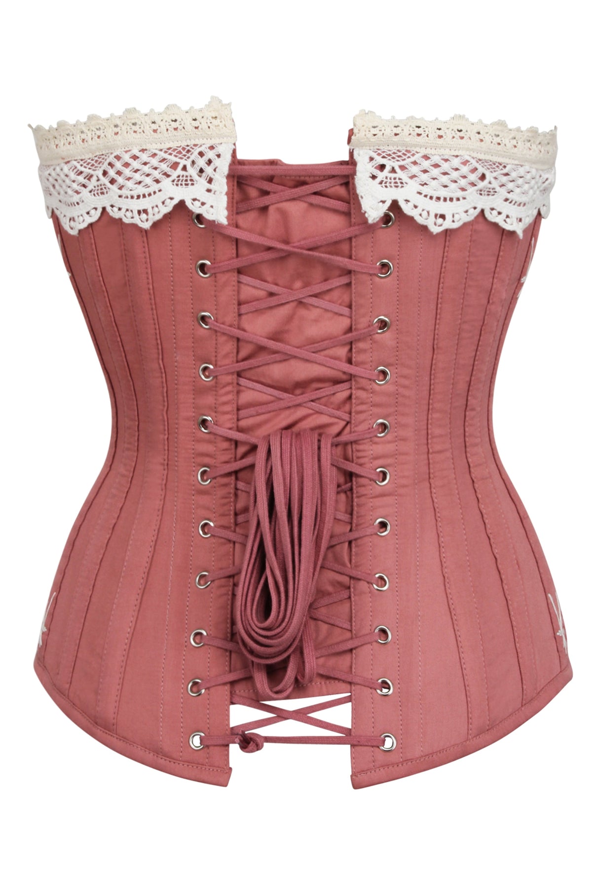 Historically Inspired Terracotta Longline Corset With Lace And Ribbing