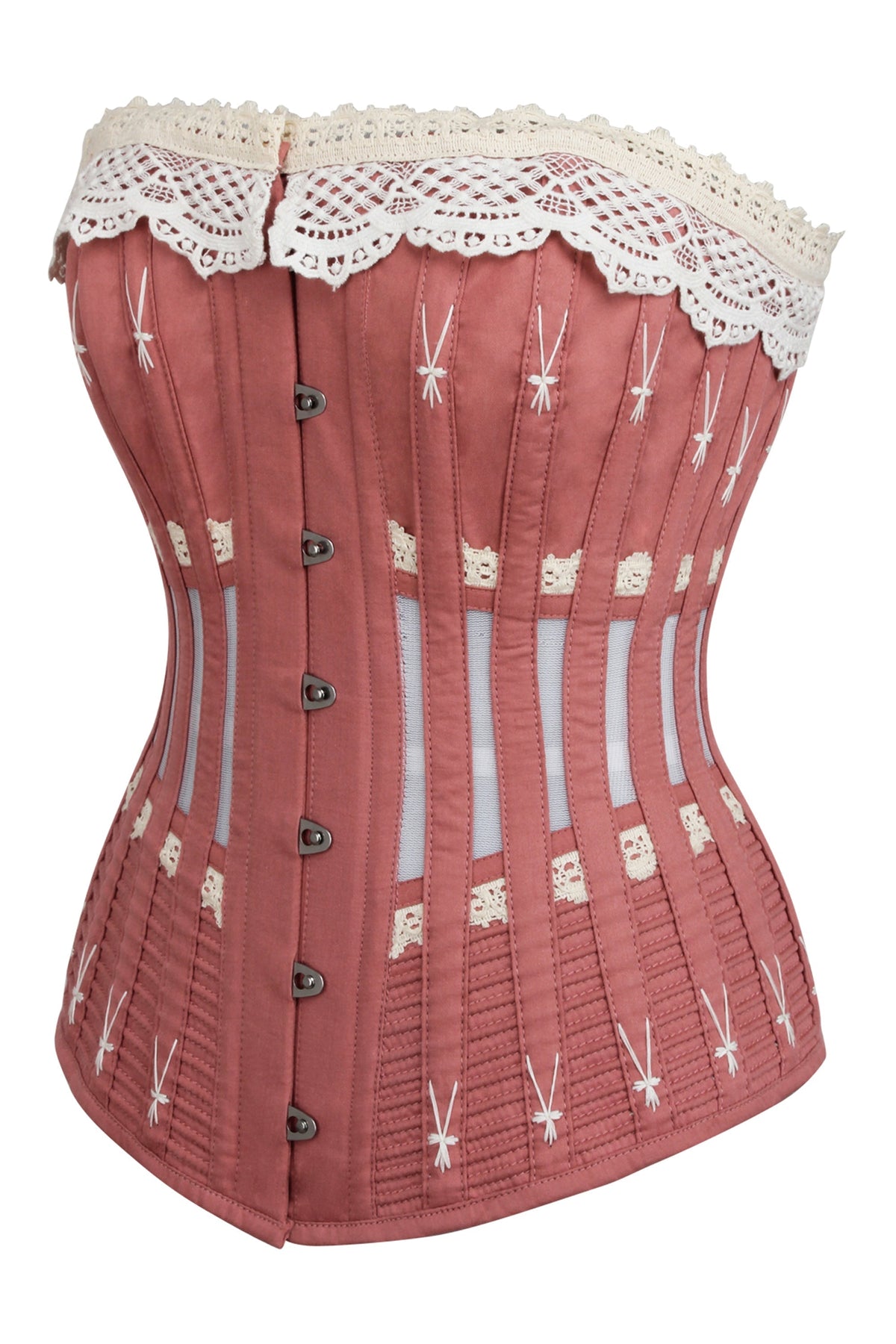 Historically Inspired Terracotta Longline Corset With Lace And Ribbing