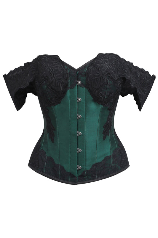 Green Longline Corset Top With Lace Cap Sleeve