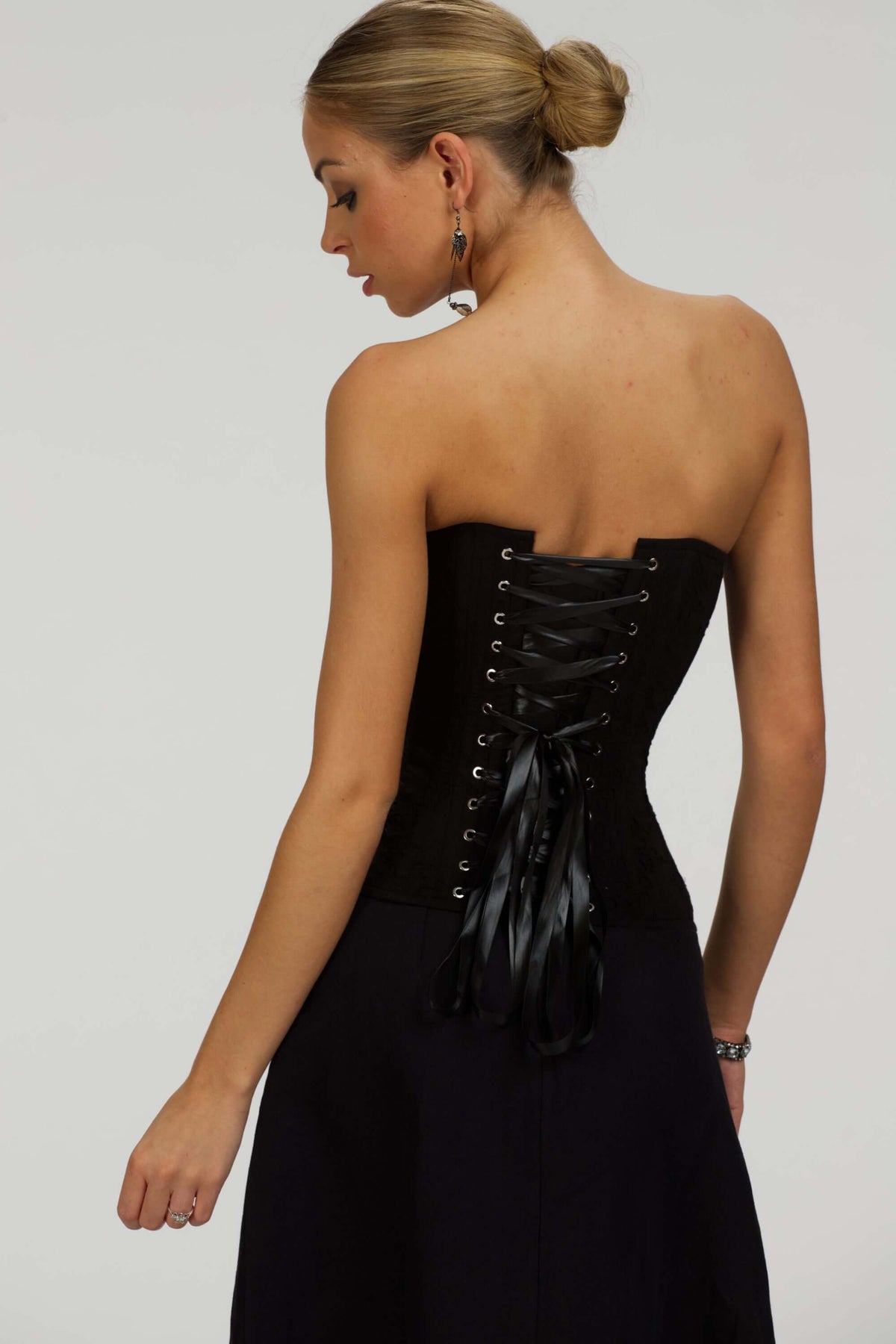 Dahlia Black Broderie Anglaise Cotton Overbust Corset With Zip Front