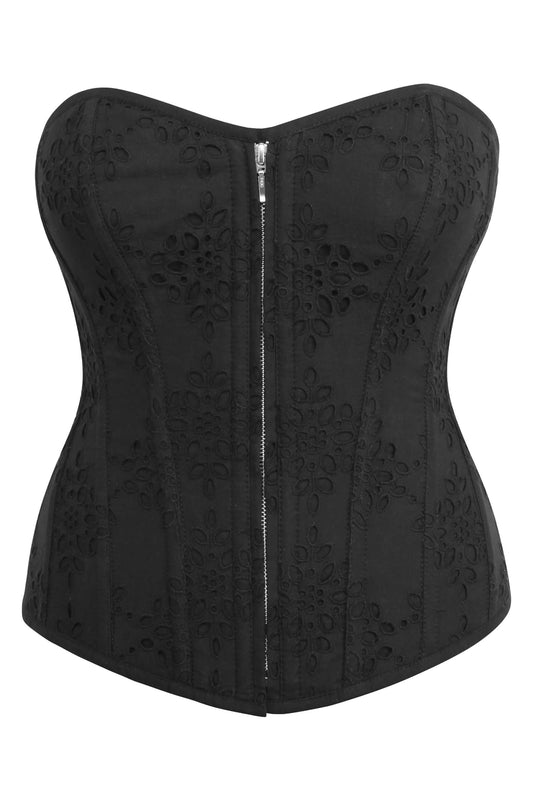Dahlia Black Broderie Anglaise Cotton Overbust Corset With Zip Front