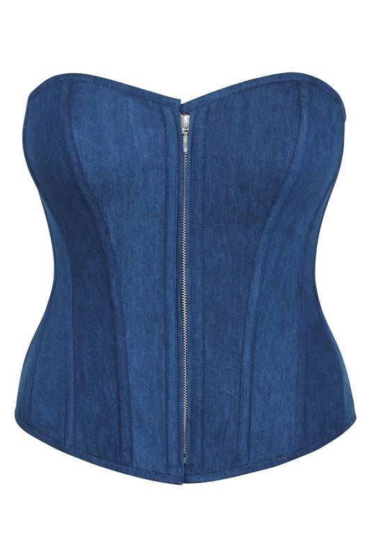 Dahlia Blue Chambray Overbust Corset With Zip Front