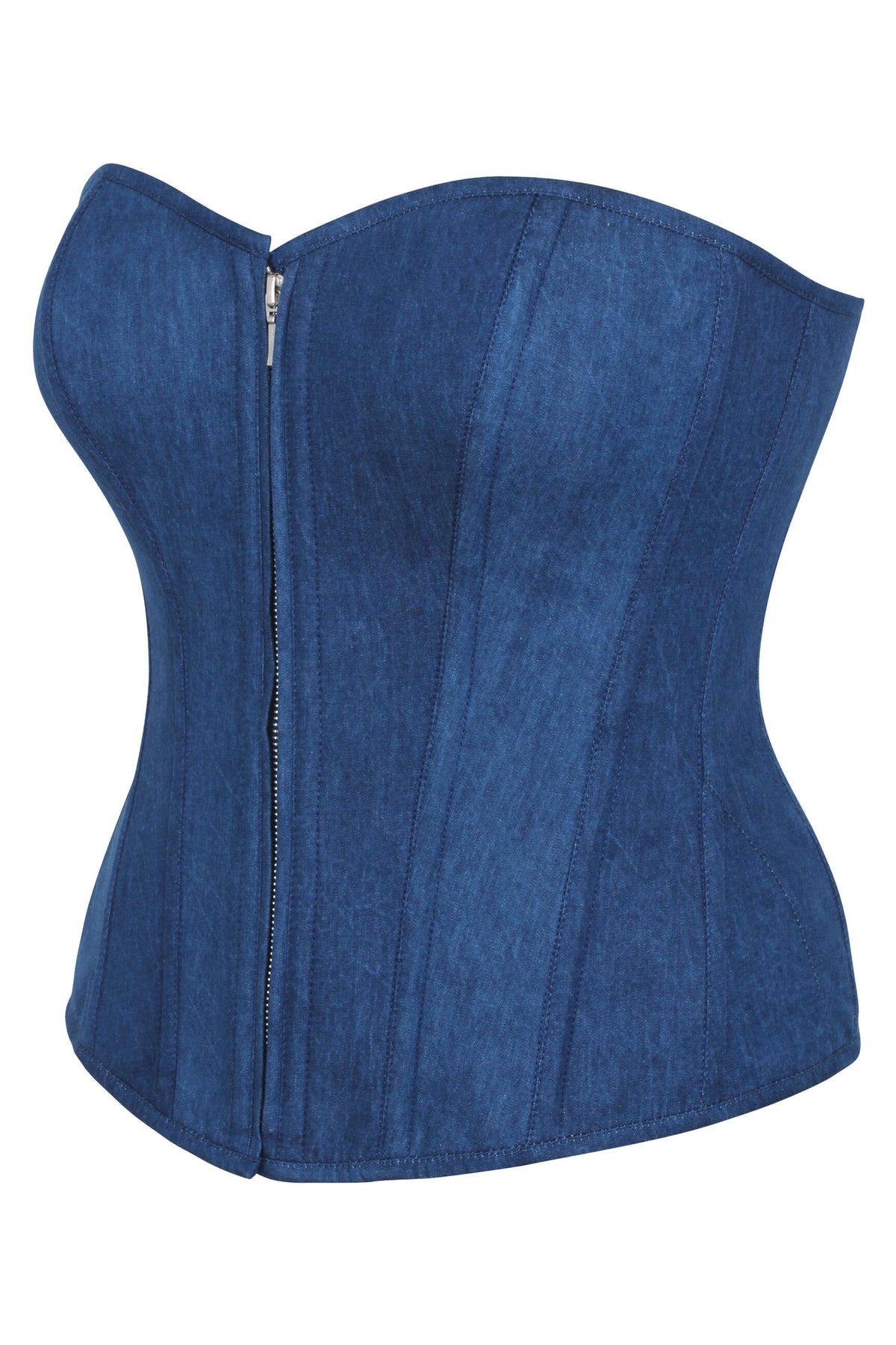 Dahlia Blue Chambray Overbust Corset With Zip Front