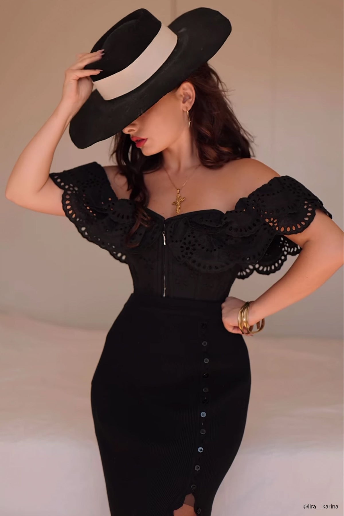 Alyssum Black Broderie Anglaise Cotton Corset Top With Double Frill Sleeves