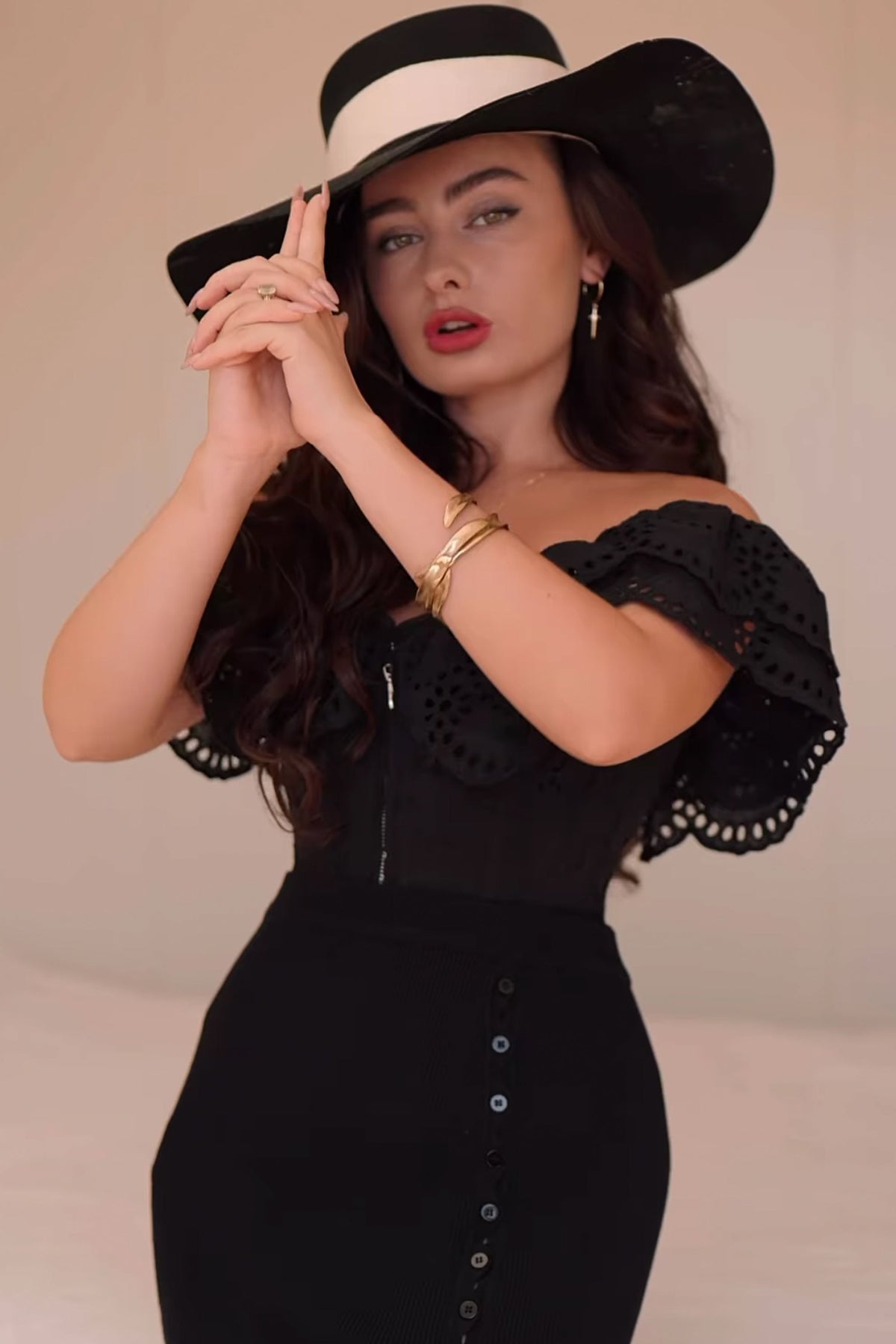 Alyssum Black Broderie Anglaise Cotton Corset Top With Double Frill Sleeves