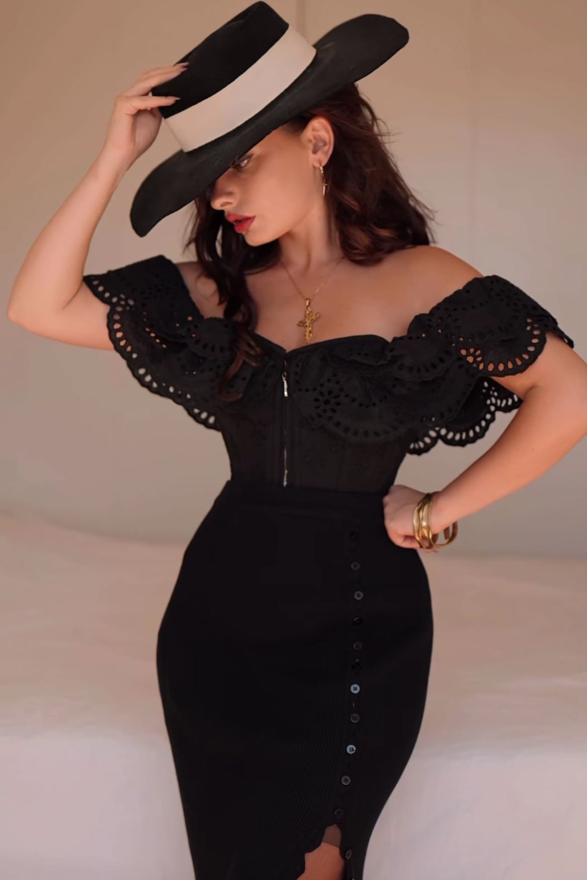 Alyssum Black Broderie Anglaise Cotton Corset Top With Double Frill Sleeves