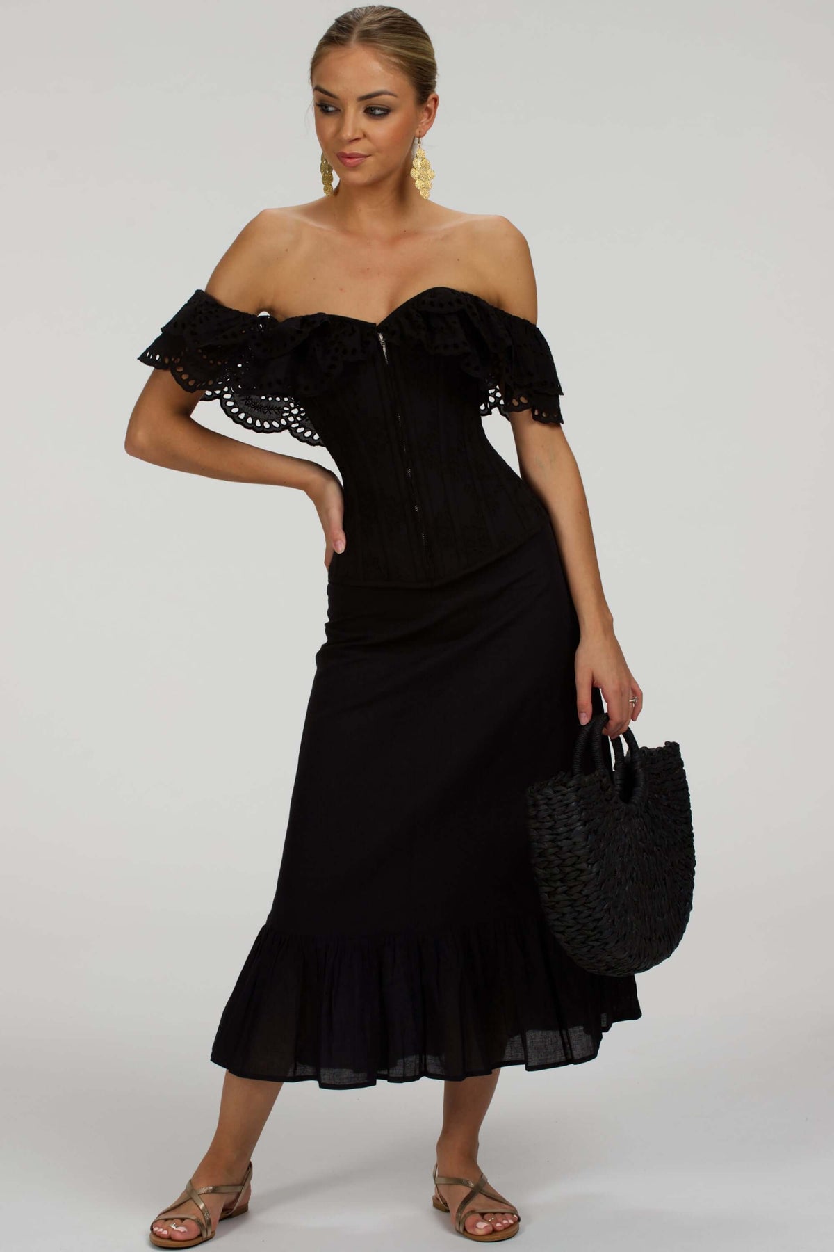 Alyssum Black Broderie Anglaise Cotton Corset Top With Double Frill Sleeves